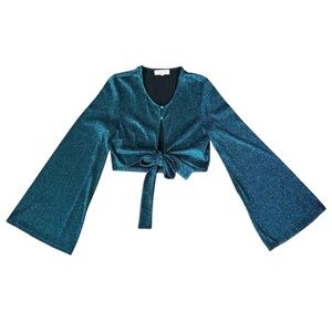 Shimmery Teal Crop Top with Bell Sleeves